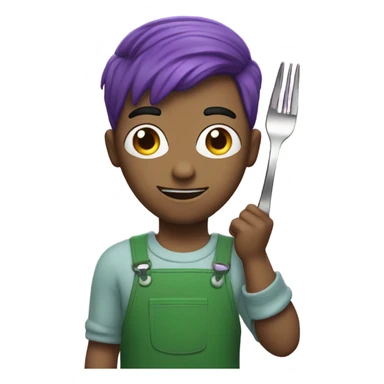 A man with purple hair and he is wearing a green jumpsuit with the number 230 on his jumpsuit. He also is holding up a fork sticker