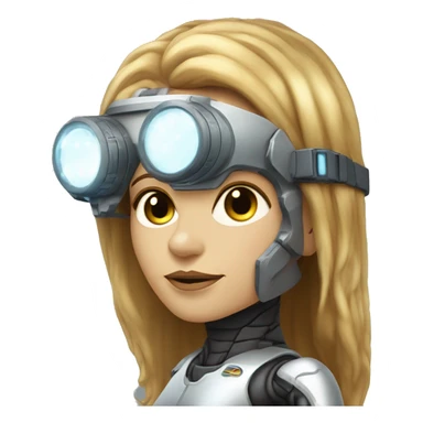 female cyborg head, fair skin, Brown long hair with blonde steaks, space age goggles and circuits sticker
