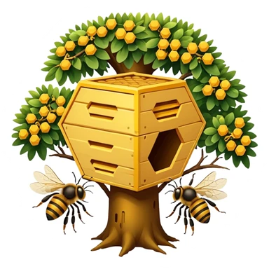 A small hive nestled between tree branches with worker bees. sticker