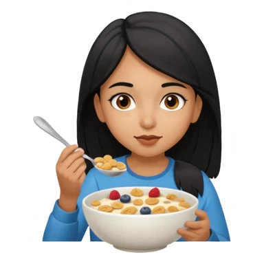 Brown girl eating cereal emoji. Straight hair. Brown eyes. Pakistani sticker