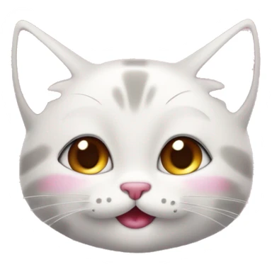 Crée un emoji représentant un adorable chaton souriant avec de grands yeux brillants et des joues roses. Le chaton doit avoir des oreilles pointues et une petite langue qui sort de sa bouche, donnant une impression de joie et de malice sticker