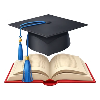 Apple emoji style graduation cap with a blue tassel, floating above an open book, clean background, cheerful sticker
