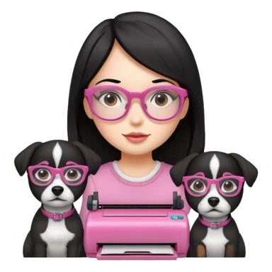 Una chica con pelo negro y lentes rosados, con una impresora negra y dos perras, la primera de color marron y la otra negra sticker