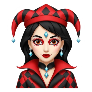 Jester woman, black and red suit, black hair, white and black make up sticker