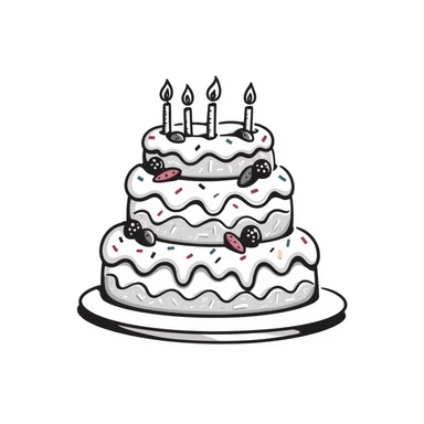 Decorated cake with multiple layers, frosting, and decorative elements. Using specific pastel colors (dd9fb0, ffc6d3, a3bfc9, c4bee2, f1b091). Hand-drawn doodle style with intricate details of icing, sprinkles, and possibly candles or berries. Transparent background. sticker