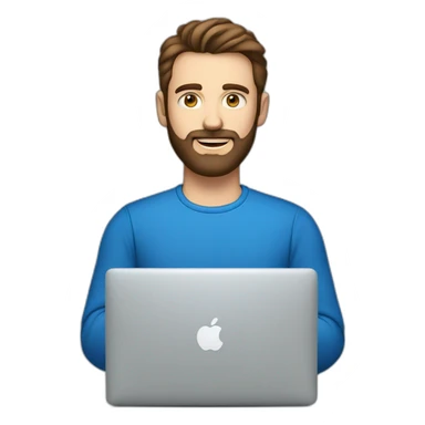 man with brown hair, blue eyes, a fine beard, wearing a f1-shirt working with a macbook sticker
