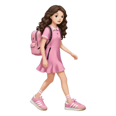 aestethic brunette very,very,very long wavy hair walking with a school backpack (no brand) with a cute pink dress, adidas samba shoes sticker