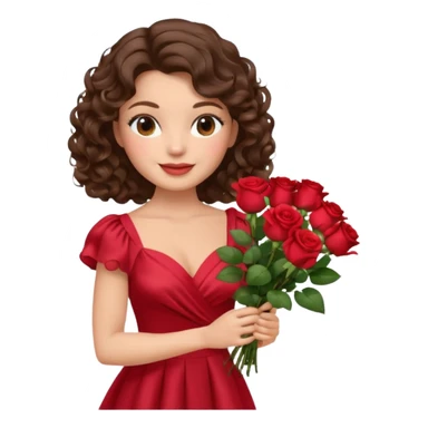 beautiful female memoji, brunette with soft curls, holding a bouquet of roses, wearing a silk dress, gentle smile, romantic vibe sticker