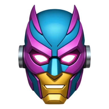 "Stylized sticker of a mechanical superhero mask, urban graffiti style, sharp edges, neon light accents, thick contour lines, high contrast, matte finish, isolated on white." sticker