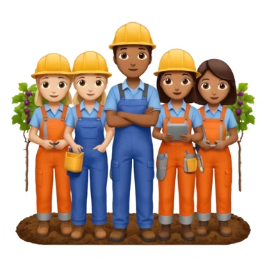 Make a photo of 5 project managers, specificly 3 girls and 2 boys, that are making project for improvment of the vineyard sticker