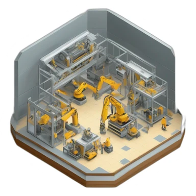 isometric square solid outline border containing indoor creative factory structure people active working machine tools simple clean #edc31b sticker