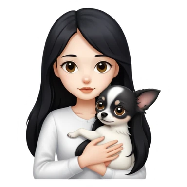 Fair skin girl - long black hair - white clothes - hugging a black long hair chihuahua sticker