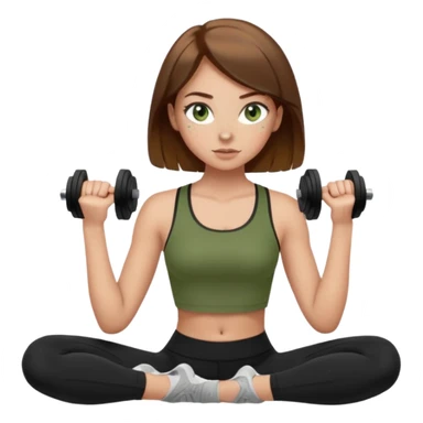 Girl with green eyes, brown hair that goes to her elbows, light skin, and freckles wearing an olive green crop top with black leggings working out, she has light gorgeous lashes sticker
