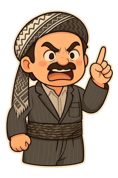Cartoon sticker of a Kurdish man with the exact same clothes and scarf as the reference image, no changes to clothing or scarf. Face showing anger and rage. One hand raised with the index finger pointing as a sign of threat or warning. Colorful and cheerful style, no shadows or color halos around the image, no text. Suitable for WhatsApp and Instagram, with a completely transparent background. sticker