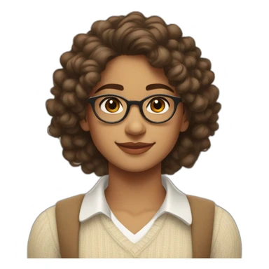 smiling indian teenage girl with curly hair and glasses wearing a collared long sleeve white shirt under a beige v shaped collar sweatervest with no buttons sticker