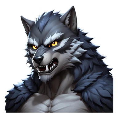 cinematic-noble-fierce-werewolf-portrait-emoji, poised-and-imposing, with a tall, slender yet muscular frame inspired by the brutal, imposing shape of the beast from Berserk, fur rippling in shades of midnight black and silver, eyes glowing with an intense, primal ferocity, reflecting the untamed power of the wild moonlit night; rendered with realism sticker