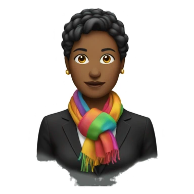 woman in a black suit with colofrul scarf around the neck instead of tie sticker