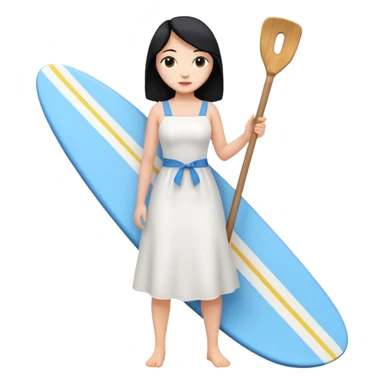 Princess who wearing white dress (woman) black hair holding her phone and long shovel with another hand. She is standing on her feet, there is one blue surfing board. sticker