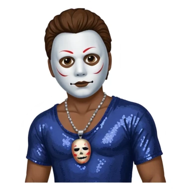 Michael Myers with white mask with brown hair, indigo sequin baggy pants, shirtless with necklace sticker