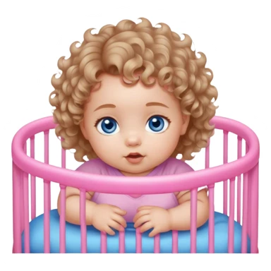 Deep Blue-eyed baby girl with short light brown soft curls,, chubby pink cheeks, in playpen  sticker