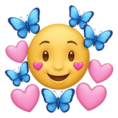 happy face emoji with pink hearts and blue butterflies around it sticker