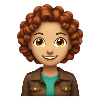 mujer con pelo rizado pelirrojo, sonriente y ojos marrones verdosos levantando las manos de alegría sticker