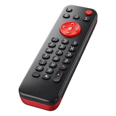 One big black tv remote control with red border, frontal face in  2 dimensions. The remote control have to have 4 buttons in black and one big one big red play button in the middle sticker