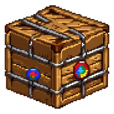 Wooden crate with metal reinforcements, color #c2410c with darker wood grain, visible wood grain texture, metal bands across the crate, slight 3D effect with shading, breakable appearance, small warning symbol, 32x32 pixels sticker