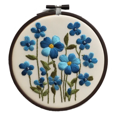 Vintage embroidery hoop with blue flowers embroidered and dark brown embroidery hoop border sticker