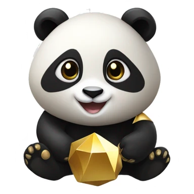 A cute panda with polyhedra logo on it smiling holding golddust sticker