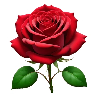 Cinematic Realistic Rose Emoji, Elegant and full of grace, with velvety, deep red petals unfurling in a perfect bloom, dew drops glistening on the soft edges, and a faint fragrance hanging in the air. The lush green leaves surround the stem, creating a vibrant contrast to the rich color of the petals. Soft glowing outline, capturing the essence of timeless beauty and romance in a single bloom. sticker