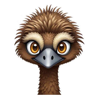 Cinematic Cute Emu Portrait Emoji, Head tilted playfully and inquisitively, featuring a glossy, textured brown plumage with a perky head and round, sparkling eyes full of curious wonder, Simplified yet irresistibly adorable features, highly detailed, glowing with a warm, friendly glow, high shine, affectionate and lively, stylized with a touch of outback whimsy, bright and endearing, soft glowing outline, capturing the essence of a mischievous yet loving emu, so playful it feels like it could gallop out of the screen into your arms! sticker