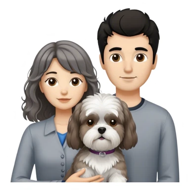 Quiero una pareja de 30 años con un perro shitzu blanco y gris. La chica con pelo rizado largo marron pero con el flequillo liso. El chico con el pelo corto, liso, negro y con un poco tupe , piel blanca y sin barba sticker