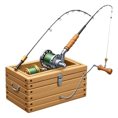 A fishing rod with reel and line neatly coiled beside a bait box. sticker