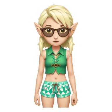 elf female legolas portrait, patterned board shorts (geometric/abstract), unique wooden-framed sunglasses, undercut hairstyle, slight smirk, visible pointy ears, no background, centered emoji, hipster summer vibe sticker