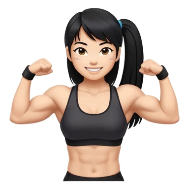 Asian women with muscle on thick strong 2 arms and abs. Black hair, long straight, bangs, light skin, flirty smiles, black sports bra sticker