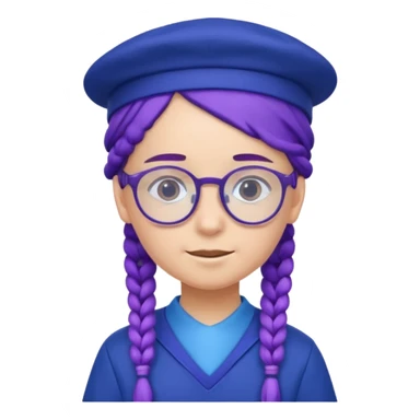 blue uniform wearing scout kid with purple braids and glassess with blue hat sticker