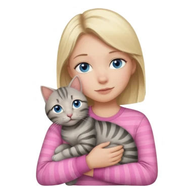 Blonde girl with blue eyes in pink shirt cuddling with grey tabby cat with dark grey stripes sticker