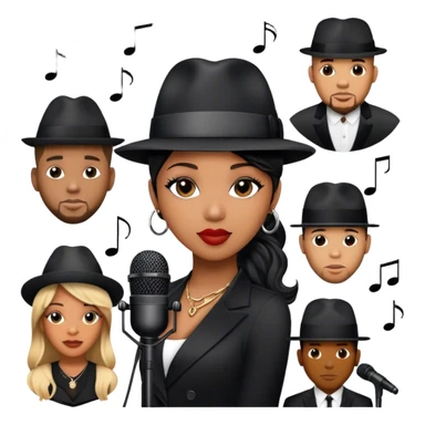 Icon for R&B Music: collage of R&B artists—Victoria Monét, Summer Walker, Usher, Chris Brown, and Muni Long. Each represented by a silhouette or symbolic item like a microphone, fedora, or music notes, reflecting the soul and energy of R&B. Transparent background. sticker