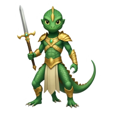 full body reptilian humanoid in ancient outfit holding a gold sword heroic pose sticker