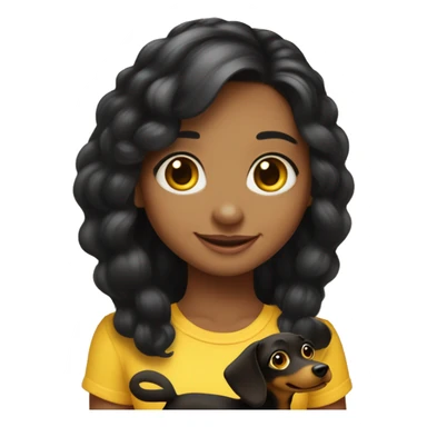 A big eyes, black hair, yellow skin love smile beautiful girl, hair in the middle part, age about 25， affectionately holding a black wiener dog sticker