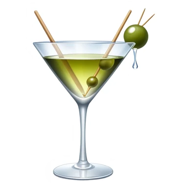martini glass with crystal clear transparent liquid and an olive at the bottom skewered by a toothpick sticker