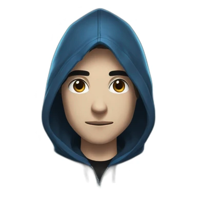 Boy brown developer left side behind his laptop with this style: Valorant Riot Game blue character blue black hooded hacker  sticker