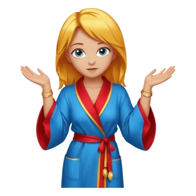 lightly tanned skin, blue eyes, cute and sexy girl with bright yellow-brown hair in a few shades of red robe, golden rings, slight cute makeup, full body, slightly turned aside pose, hands hidden behind back sticker