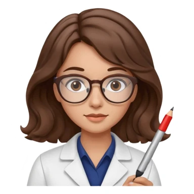 young women pharmacist studying science, wavy hair, with a pen and glasses sticker