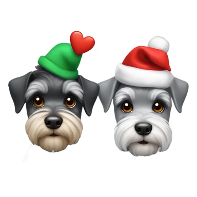2 miniature schnauzers, 1 grey and 1 black, wearing Christmas hats with a heart sticker