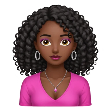 Dark skin girl with long black curly hair with 4 edges 2 on each side wearing a hot pink v-cut neckline shirt with a simple silver necklace sticker