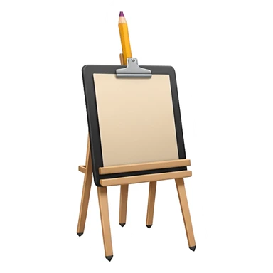 Minimalistic flat vector icon, iOS style, thin black contour on white background. Easel with a paper sheet and a pencil leaning against it. No text, no shadows sticker