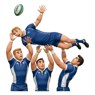 two rugby players lifting another player to catch a ball in a lineout in rugby, only 3 players in the image sticker