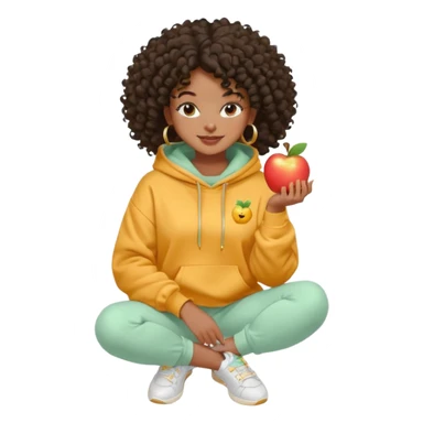 Black girl, clean girl aesthetic, 4C curly hair in a puff, pastel hoodie, white sneakers, minimal jewelry, soft smile, cozy vibe, bright colors, Apple-style emoji fazendo skincare  sticker